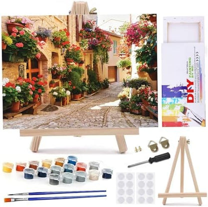 MaiMMaledy Paint by Numbers Kit for Adults Beginners 8Wx12L inch Canvas Pictures with Framed Drawing Painting Works with Wooden Triangle Easel Acrylic Pigment Street Alleys by MaiMMaledy