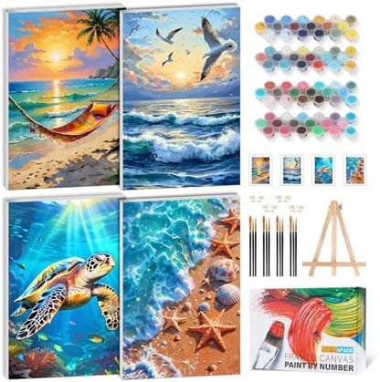 GEEHEIY 4 Pack Framed Paint by Numbers Kit for Adults, Beach, 8 x 12 Inch by GEEHEIY