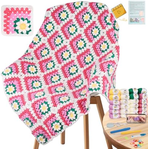 Coopay Crochet Kit for Beginners, Easy 3D Granny Square Blanket Kit, Pink by Coopay