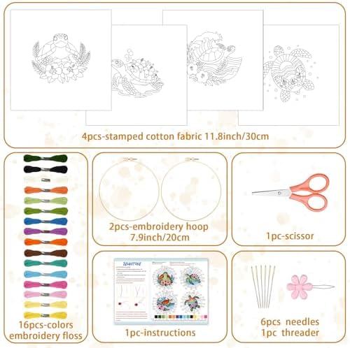 BEUNITONE 4 Sets Sea Turtle Embroidery Kits for Beginners DIY Craft Kits for Adults with Printed Patterns, Hoops and Instructions, Hibiscus Flower Needlepoint Kits for Clothing and Home Decor - Image 2