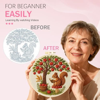 Huacan Beginner Embroidery Kit for Adults, Easy to Learn Squirrel Embroidery Patterns Instruction, Needlepoint Kits for Adults Include Embroidery Hoop, Colorful Threads, Tools - Image 5