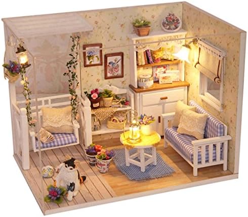 Ogrmar Wooden Miniatures Dollhouse Kit with Dust Cover& Led Light Cat Diary by Ogrmar