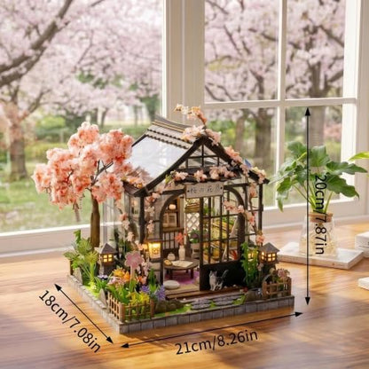 DIY Miniature House Kit, Fairy Dollhouse for Adults to Build, Mini Home Building Kit with Wooden Furniture & LED Lights,Garden Detials, Gift for Family and Friends (Spring Sakura Greenhouse) - Image 2