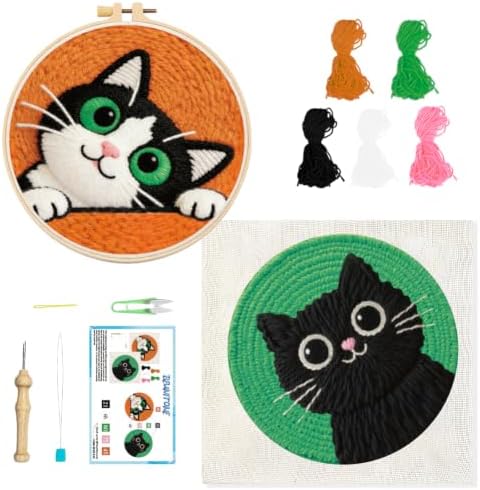 BEUNITONE 2Pcs Cute Cat Punch Needle Kit for Beginners, Starter Embroidery Kits with Frame & Instructions, Needle Felting Kit Poke Art for Adults DIY Handmade Craft for Coasters, Bags, Clothes Decor by BEUNITONE