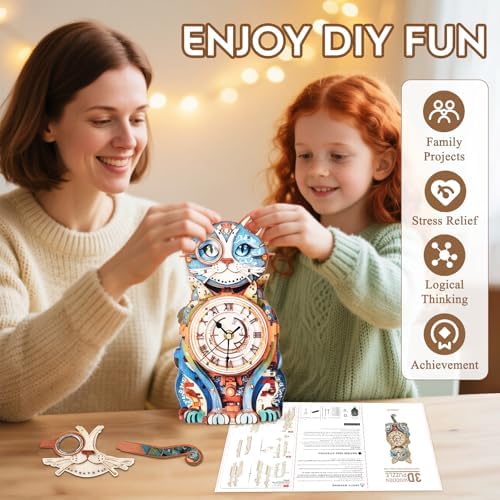 3D Puzzles for Adults Wooden DIY Cat Clock Puzzle Adult Crafts - Image 5