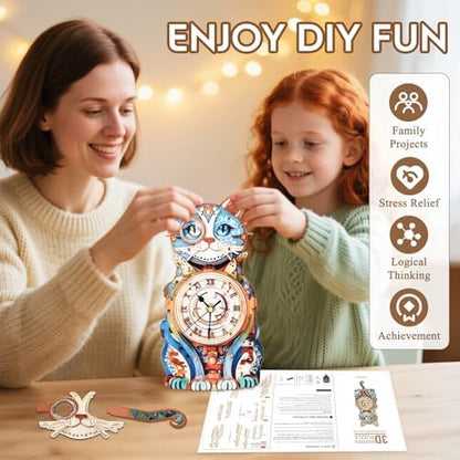 3D Puzzles for Adults Wooden DIY Cat Clock Puzzle Adult Crafts - Image 5