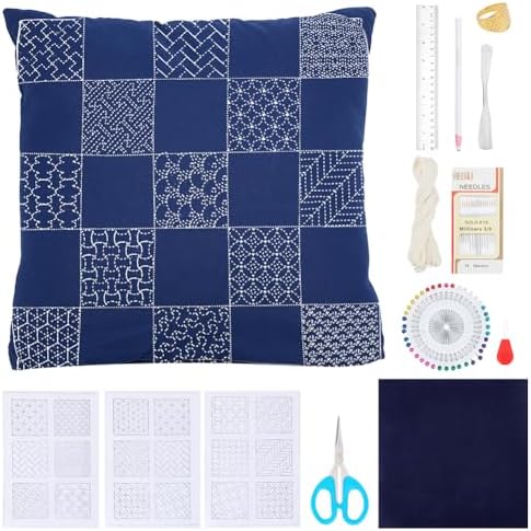 WEBEEDY DIY Sashiko Pillowcase for Beginners,Embroidery Kit with Sashiko Templates Pattern Thread Needles and Instruction,Japanese Hand Sewing Kit Embroidery Bedroom Decor Housewarming Gift by WEBEEDY