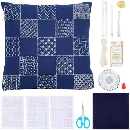 WEBEEDY DIY Sashiko Pillowcase for Beginners,Embroidery Kit with Sashiko Templates Pattern Thread Needles and Instruction,Japanese Hand Sewing Kit Embroidery Bedroom Decor Housewarming Gift by WEBEEDY