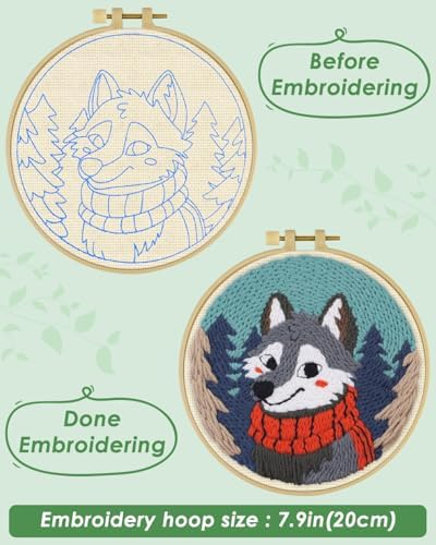 ERKOON Punch Needle Kit for Beginners Adults, DIY Easy Animal Embroidery Set for Starter Art Craft, Needling Punch Project with Patterns, Tools, Yarns, Hoop, Instruction (Wolf) - Image 3