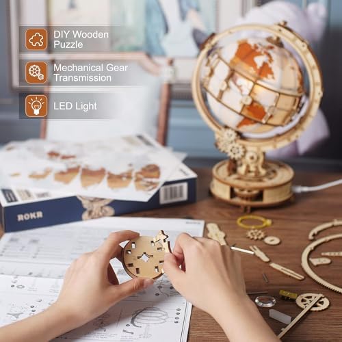 ROKR 3D Wooden Puzzles for Adults Illuminated Globe with Stand 180pcs 3D Puzzles Built-in LED Model Kit Hobby Gifts for Adults Home Decor - Image 5