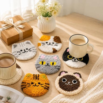 HGUANGJ Punch Needle Kit for Beginners Adults, Cat Coasters Kit with Adhesive Felt, Yarns, Embroidery Hoop for DIY Craft - Image 5