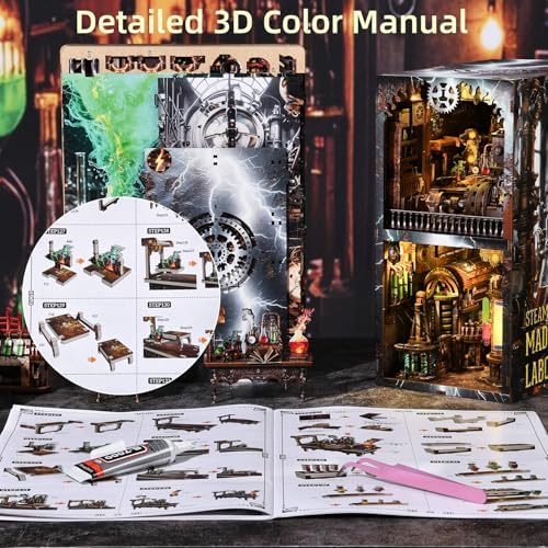 fifijoy Book Nook Kit, DIY Miniature Dollhouse Booknook Kit, 3D Wooden Puzzle Bookend Bookshelf Insert Decor with LED Light for Teens and Adults (Steampunk Mad Scientist Laboratory) - Image 6