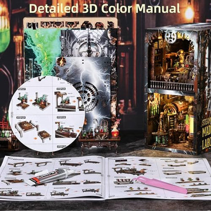 fifijoy Book Nook Kit, DIY Miniature Dollhouse Booknook Kit, 3D Wooden Puzzle Bookend Bookshelf Insert Decor with LED Light for Teens and Adults (Steampunk Mad Scientist Laboratory) - Image 6