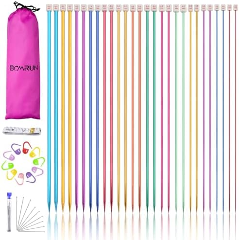 BCMRUN 28Pcs/14 Pairs Stainless Steel Knitting Needles Set, Colored Straight Single Pointed Metal Knitting Needles, 14 Size from 2.0mm-10.0mm, 9.8 Inches Length for Handmade DIY Knitting (25cm) by BCMRUN