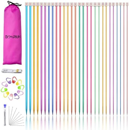 BCMRUN 28Pcs/14 Pairs Stainless Steel Knitting Needles Set, Colored Straight Single Pointed Metal Knitting Needles, 14 Size from 2.0mm-10.0mm, 9.8 Inches Length for Handmade DIY Knitting (25cm) by BCMRUN