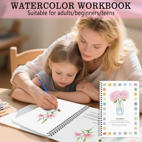 SLWBZ Watercolor Workbook Pink Flowers, 15 Different Patterns of Original DIY Designs, Beginner-Friendly Watercolor Workbooks, (Pink Hydrangeas, Without Palette) - Image 4