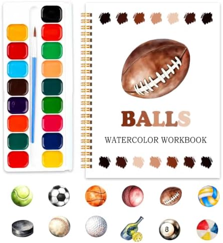 Easy Sports Balls Watercolor Workbook for Beginners, Water Coloring Book, 12 Different Patterns, 18 Colors Watercolor Paint Set, Stress Relieving, DIY Art Gift for Fans, Adults and Teens by SHLINCO