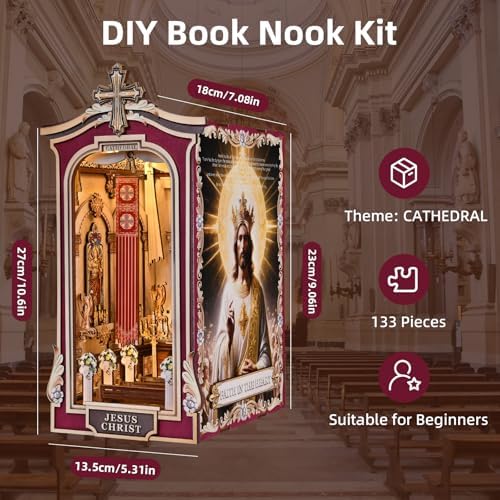 Book Nook DIY Kit,3D Wooden Puzzle with LED Bookend Bookshelf Decoration,Miniature Doll House for Home Decor, Jesus Christ Spiritual Gift,Cathedral - Image 6