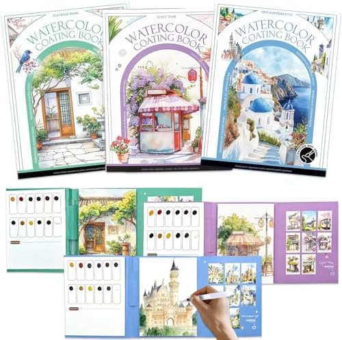 NaTuGi 3Pac Watercolor Workbook for Adults,Watercolor Coloring Book,Portable Watercolor Painting Books,Creative Stress Relief Kit,Suitable for Beginners Birthday Gift (Architecture Series 3pc) by Unknown