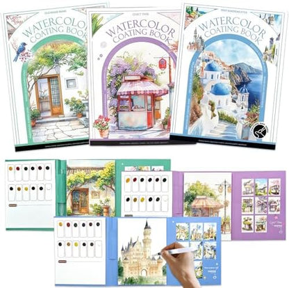 NaTuGi 3Pac Watercolor Workbook for Adults,Watercolor Coloring Book,Portable Watercolor Painting Books,Creative Stress Relief Kit,Suitable for Beginners Birthday Gift (Architecture Series 3pc) by Unknown