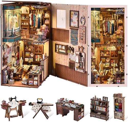 fifijoy Book Nook Kit, LED 3D Wooden Puzzle with Dust Cover, 460 Wooden Pieces, DIY Bookshelf Insert Decor Gifts for Book Lovers (Sewing Room) by fifijoy