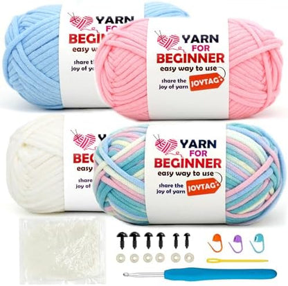 4 Pack Rainbow Beginner Crochet Yarn for Crocheting and Knitting Multicolor Cotton Crochet Yarn for Beginners with Easy-to-See Stitches Cotton-Nylon Blend Easy Yarn for Beginners(Clouds) by JOYTAG