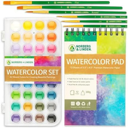 Norberg & Linden Watercolor Paint Set - 36 Premium Paints - 12 Page Pad - 6 Brushes - Painting Supplies with Palette, Watercolors, Art Pad Paper and Artist Brushes by NorbergLinden