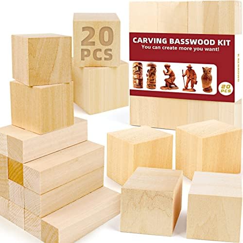 Basswood Carving Blocks, 20PCS Whittling Wood Blocks Kit with 2 Different Sizes, Bass Wood for Carving Easy to Use, for Kids and Adults by KKERNOWO