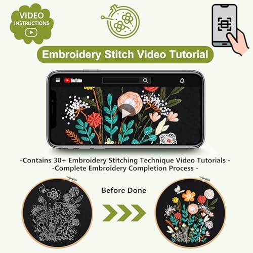 Santune 3 Pack Beginner Embroidery Kits for Adults DIY Starter Kit with 33 Stitch Techniques, Stamped Patterns, Embroidery Hoop, Colorful Threads,Stitch Video Tutorial - Image 5