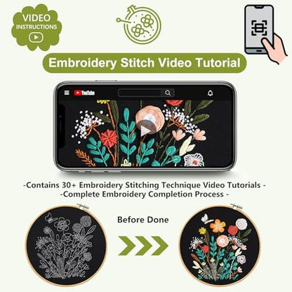 Santune 3 Pack Beginner Embroidery Kits for Adults DIY Starter Kit with 33 Stitch Techniques, Stamped Patterns, Embroidery Hoop, Colorful Threads,Stitch Video Tutorial - Image 5