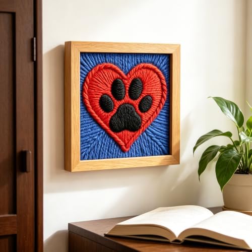 INFUNLY Claw Print Punch Needle Kit for Beginners Red Heart Punch Needle Embroidery Kits for Adults DIY Punch-Stitching Kit with Instruction Threader Needles Square Frame for Wall Decor 9.4''x9.4'' - Image 6