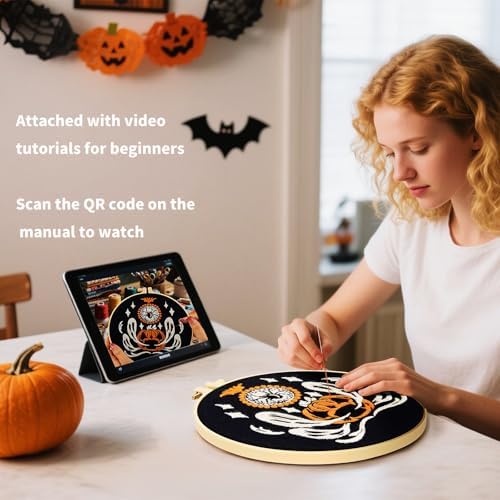 Halloween Embroidery Kits for Beginners Adults, Ghost Embroidery Starter Kits, Halloween Cross Stitch Kits for Beginners Adults Hobbies for Women, Embroidery Fabric, Threads, Hoops and Video Tutorial - Image 3