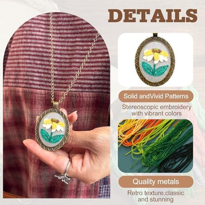 ZOCONE New 4 Packs Embroidery Necklace Kits, Embroidery Pendant Kit Mini Cross Stitch Kit with Hoop, Necklace, Pendant, Stamped Pattern Cloth, Instructions, etc., Embroidery Kits for Adults - Image 3