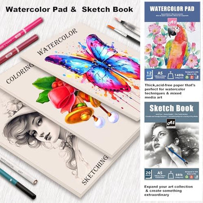 KALOUR 106 Coloring Sketching Kit Set - Art Supplies with Sketchbook & Watercolor Paper - Include Drawing Tutorial, Watercolor,Colored,Metallic,Fluorescent,Sketch Pencils - for Artists beginner - Image 6
