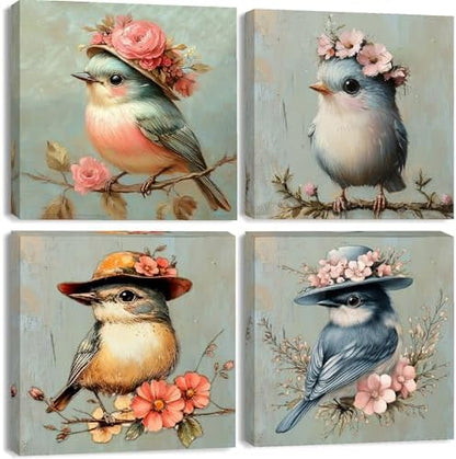 Clendo 4 Pack Bird Paint by Numbers Kit for Adults Beginners Framed - DIY Vintage Adults Paint by Numbers Kits on Canvas with Frame, Small Easy Acrylic Oil Painting for Home Wall Decor (8 x 8 Inch) by Clendo
