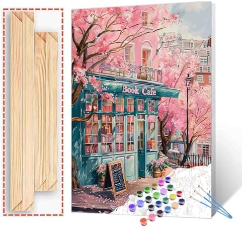London Library Paint by Numbers Kits for Adult Pink Blossom Floral Paint by Numbers Bohemia Paint by Numbers for Adults Canvas for Home Decoration Creative Wall Art DIY Framed 16x20 Inch by Aihonmin