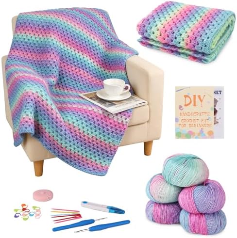 HUYEIOBGD Crochet Blanket Kit for Beginners – Super Easy Crochet Starter Kit with Soft Gradient Yarn, Step-by-Step Video Tutorials & Crochet Accessories, Aurora Purple, Crochet kit by Unknown