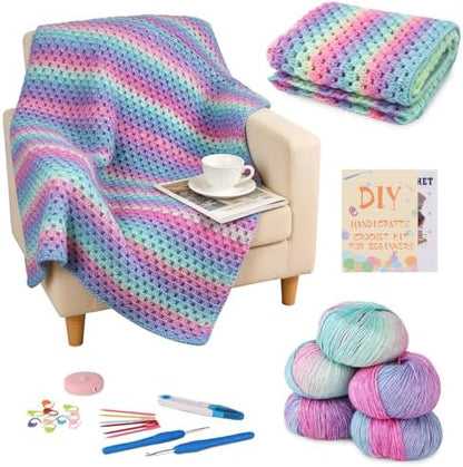 HUYEIOBGD Crochet Blanket Kit for Beginners – Super Easy Crochet Starter Kit with Soft Gradient Yarn, Step-by-Step Video Tutorials & Crochet Accessories, Aurora Purple, Crochet kit by Unknown