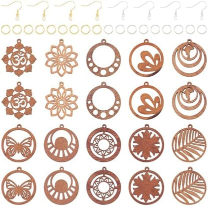 Elecrelive Wood Filigree Earrings Making Kit 20pcs Flat Round Earring Charms Hollow Wood Pendants for DIY Earring Necklace Jewelry Making by EEEELECRELIVE