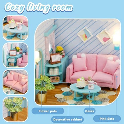 Kisoy Dollhouse Miniature with Furniture Kit, DIY 3D Wooden DIY House Kit A Corner of a Small Apartment Style with Dust Cover & LED, Handmade Tiny House Toys for Adults and Teens Gift（Living Room） - Image 2