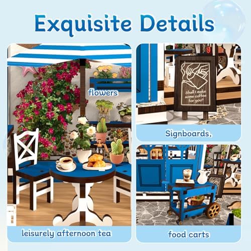 DIY Miniature House Kit, Coffee Shop Book Nook Kit, Mini Building Kit, Dollhouse Kit for Adults and Teens, 3D Wooden Puzzles with LED Light, Craft Kit for Family and Friends(Sunny Coffee Shop) - Image 4