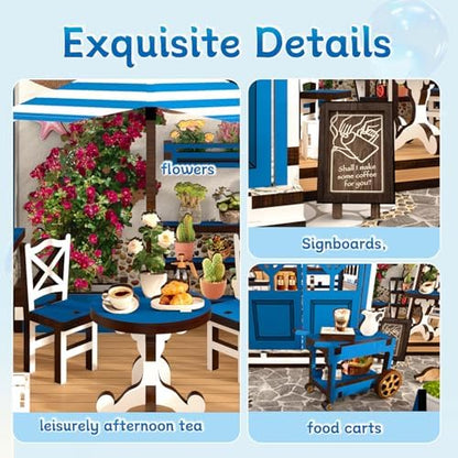 DIY Miniature House Kit, Coffee Shop Book Nook Kit, Mini Building Kit, Dollhouse Kit for Adults and Teens, 3D Wooden Puzzles with LED Light, Craft Kit for Family and Friends(Sunny Coffee Shop) - Image 4