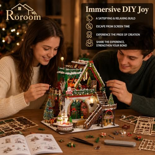 Roroom DIY Miniature House Kit, Snowy Christmas Lodge Dollhouse Kit - Image 5