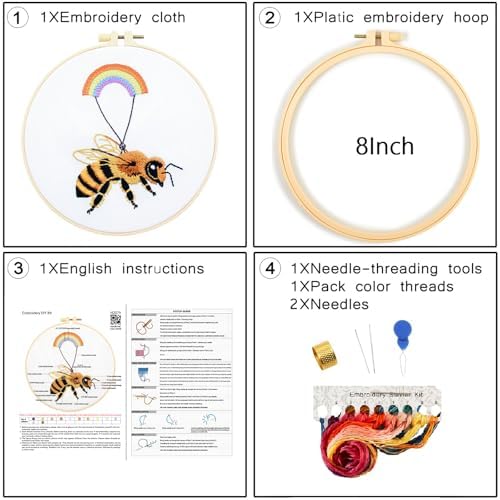 Crafmanoe Cute Bees Embroidery Kits for Beginners Adults, Hand Embroidery Starters Kits, Stamped Cross Stitch Kits DIY Needlepoint Kits for Beginners Adults, Embroidery Hoop, Thread and Video Tutorial - Image 5