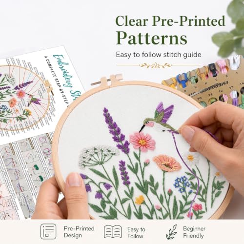 Nuberlic Embroidery Kit for Beginners, 3 Pack Floral Stamped Embroidery Starter Kit with Hoop, Pre Printed Flower Patterns, Threads, Needles and Step by Step Instructions, DIY Needlework Gift - Image 3