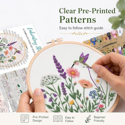 Nuberlic Embroidery Kit for Beginners, 3 Pack Floral Stamped Embroidery Starter Kit with Hoop, Pre Printed Flower Patterns, Threads, Needles and Step by Step Instructions, DIY Needlework Gift - Image 3