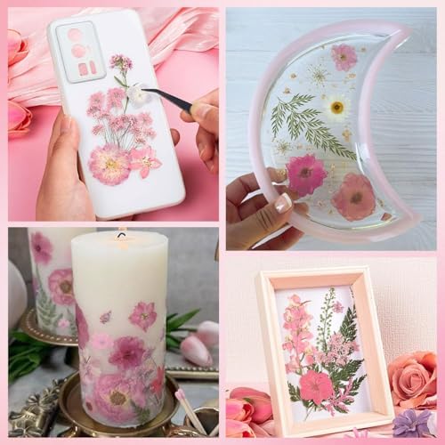 80pcs Pink Pressed Flowers Bulk, Romantic Dried Flower Leaves, Natural Pressed Dried Flowers with Tweezer for DIY Crafts Resin Mold Candles Cake Bridal Scrapbooking Supplies - Image 6