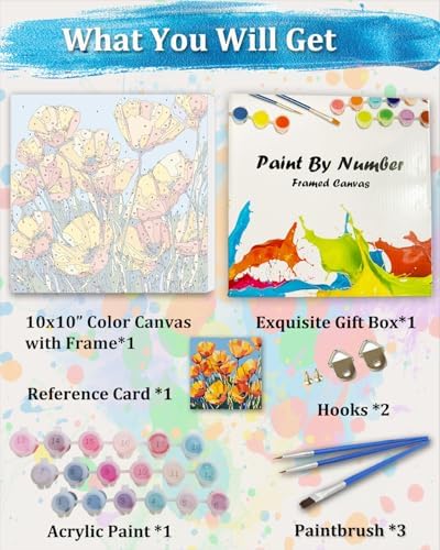 TOCARE Framed Paint by Numbers Kit for Adults, Orange Poppy Paint by Number Framed, Adult Paint by Number Kits on Canvas Framed Flowers for Home Wall Decor (10x10 Inch, Without Easel) - Image 6