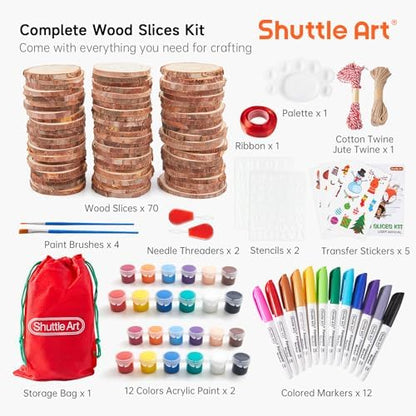 Shuttle Art Natural Wood Slices 70 PCS 2.8-3.1 Inches Craft Wood Ornament Kit, Unfinished Predrilled Wooden Circles with Hole, Jute Twine, Acrylic Paint, Markers for DIY Decoration - Image 2