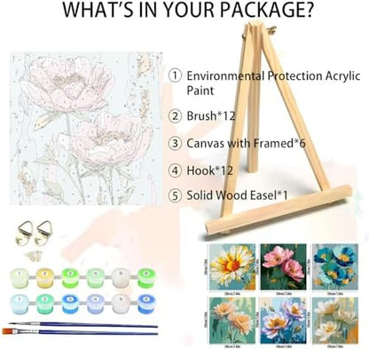 Canrichshop 6 Pack Paint by Numbers Kit for Adults,Framed Adults' Paint-by-Number Kits with Wooden Easel, DIY Flowers Acrylic Oil Painting Number Kits for Wall Decor 8x8 inch - Image 2